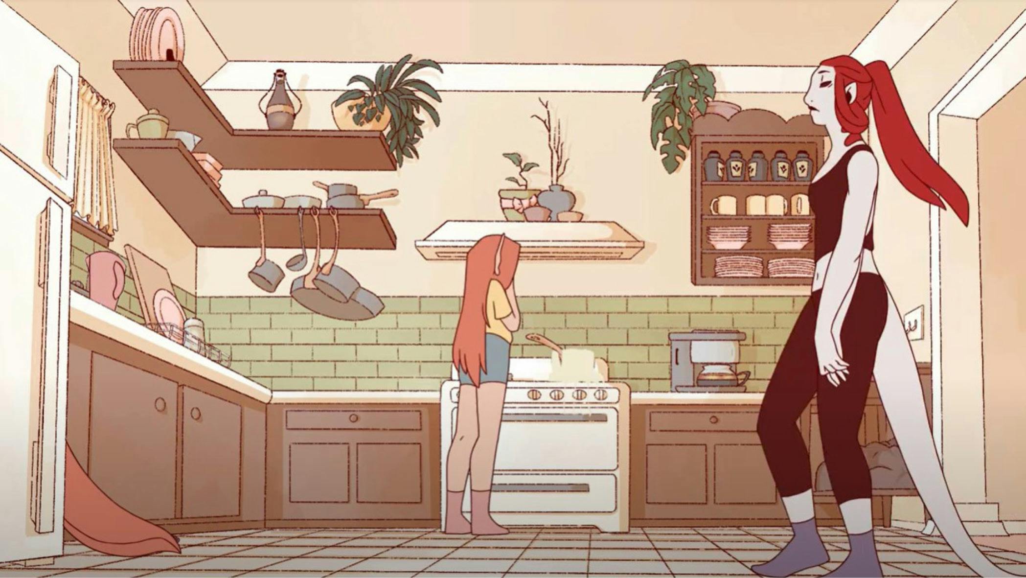 2D illustration of characters in a kitchen