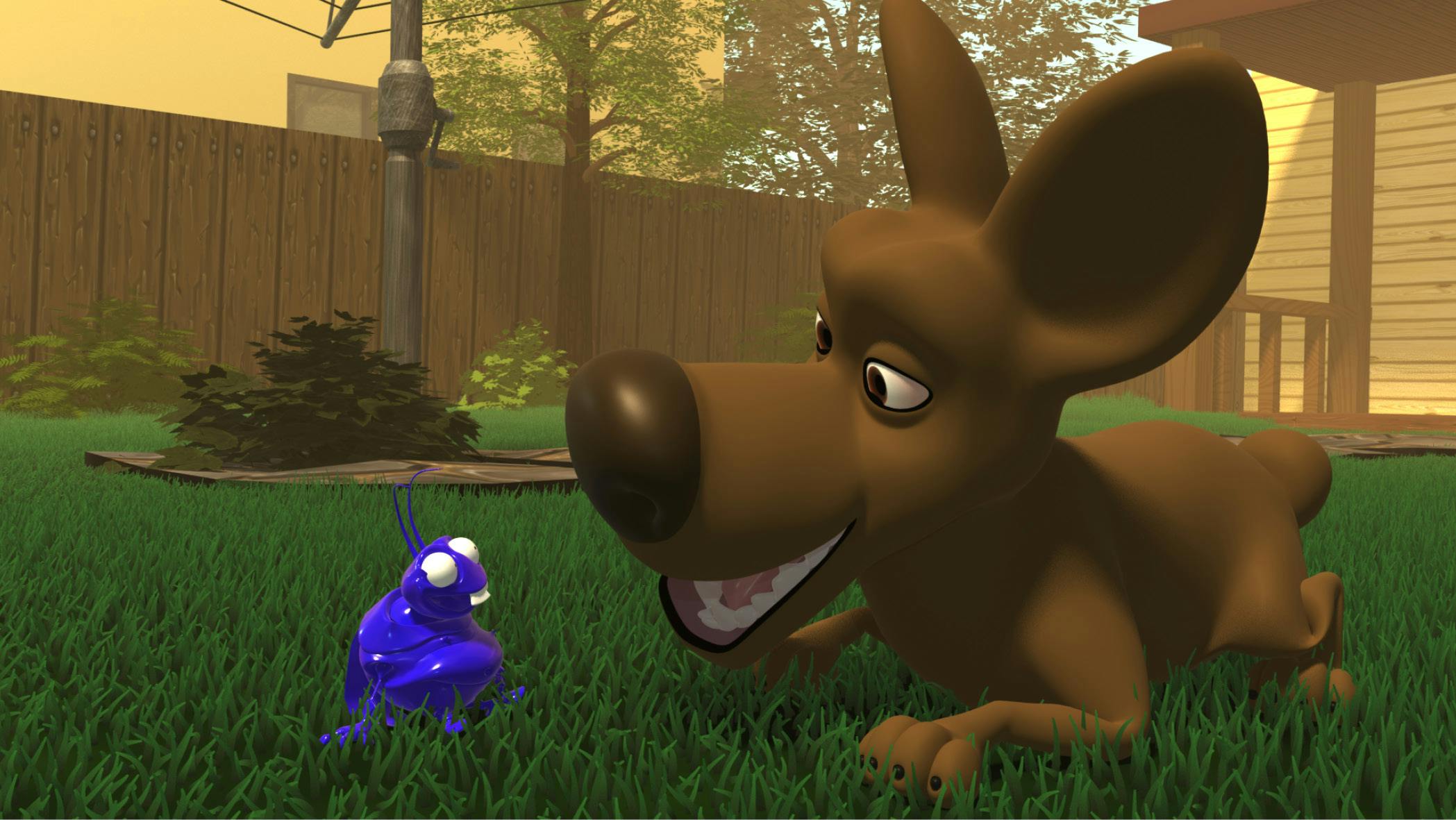 3D illustrated blue bug and brown dog character in a garden