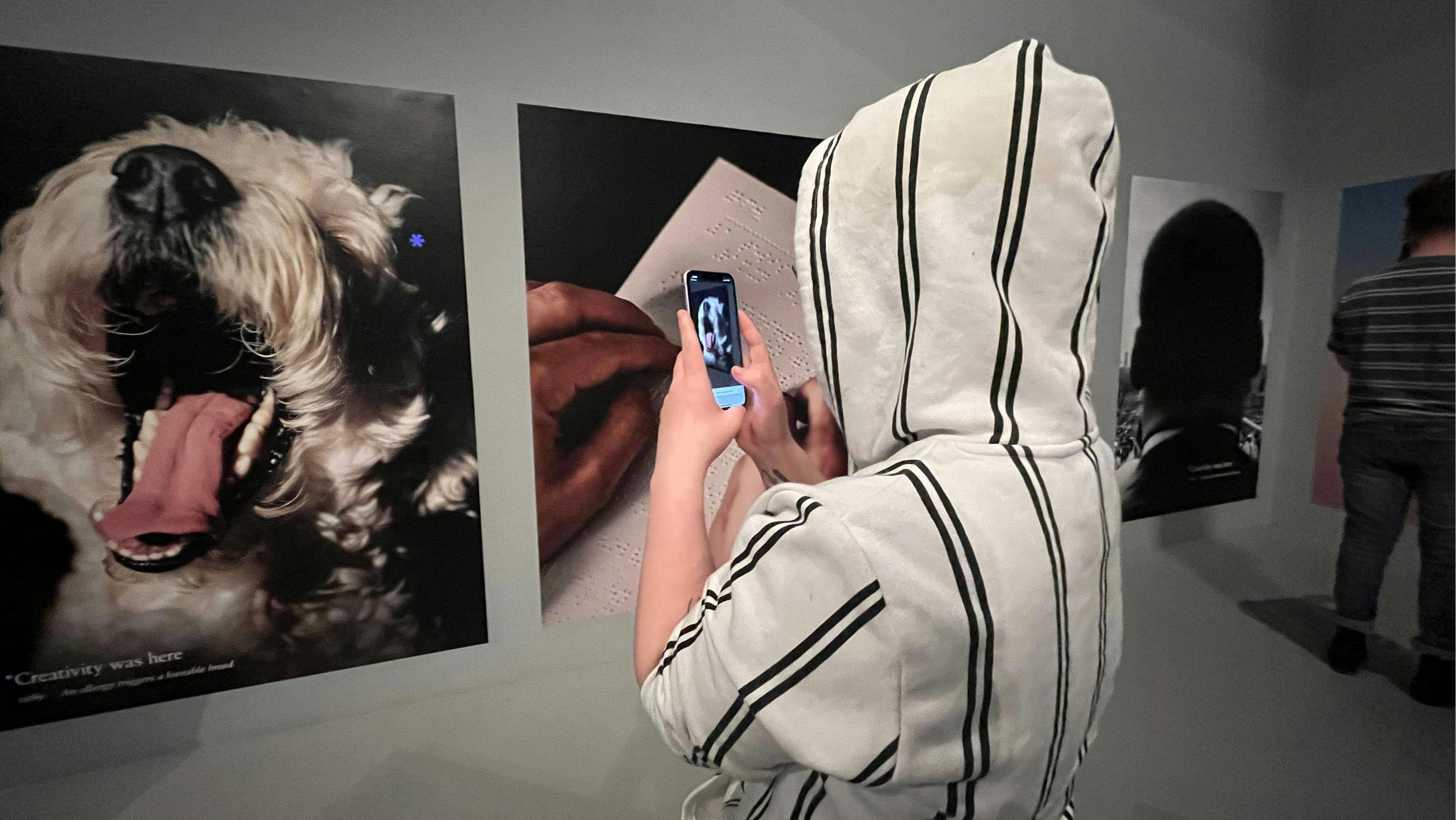 Student taking a photo of a picture of a dog hung on the wall